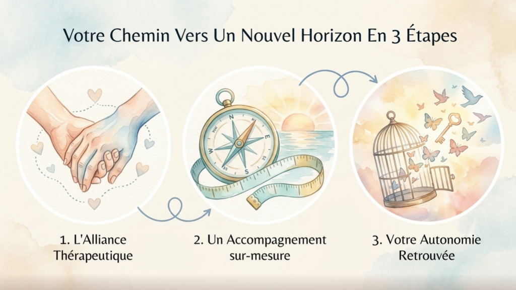 Les trois piliers fondamentaux d'Hypno Horizon (Alliance thérapeutique, accompagnement Sur-mesure, Autonomie) à Boulazac.